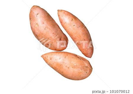 Raw sweet potatoes on kitchen table, fresh batata. Isolated on white background. 101070012