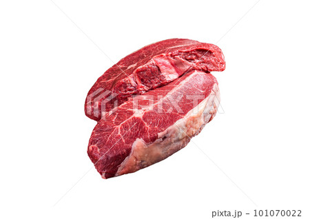 Dry aged Raw top blade beef meat steaks. Isolated on white background. 101070022