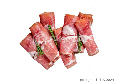 Traditional Spanish Jamon Serrano ham on marble board. Isolated on white background. Traditional Spanish Jamon Serrano ham on marble board. Isolated on white background. 101070024