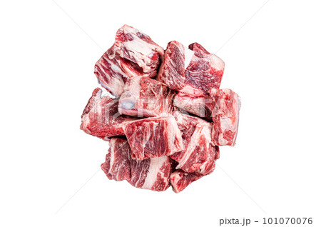 Raw diced beef and lamb marbled meat in kitchen steel tray. Isolated on white background 101070076