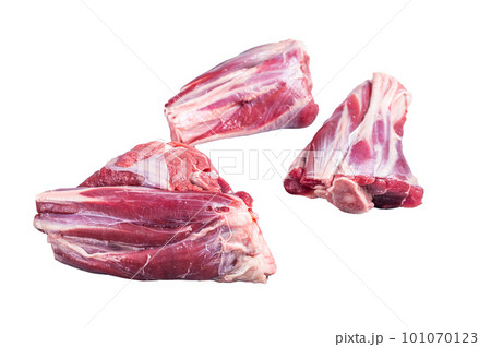 Uncooked Raw lamb shanks, mutton meat on kitchen table. Isolated on white background Uncooked Raw lamb shanks, mutton meat on kitchen table. Isolated on white background 101070123