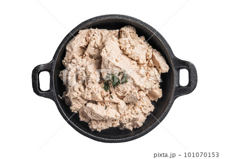 Cod liver Spread with oil in a skillet. Isolated on white background. 101070153