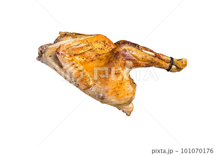 Baked Guineafowl, guinea fowl with potato in steel tray. Isolated on white background. 101070176