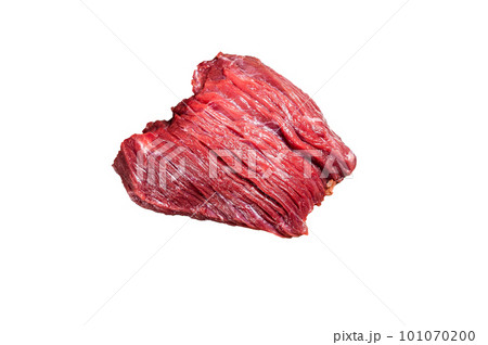 Butcher board with Raw Venison dear meat steak. Isolated on white background. Butcher board with Raw Venison dear meat steak. Isolated on white background. 101070200