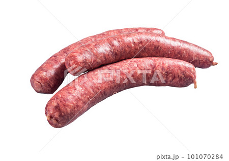 Raw beef meat sausages ready for cooking. Isolated on white background 101070284