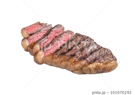 Fried and sliced Top sirloin steak, Grilled cup rump beef meat steak. Isolated on white background. Fried and sliced Top sirloin steak, Grilled cup rump beef meat steak. Isolated on white background. 101070292