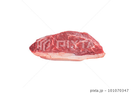 Raw top sirloin steak, cap rump beef meat steak. Isolated on white background. 101070347