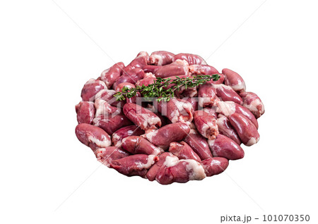 Raw chicken hearts in a steel tray with thyme. Isolated on white background. 101070350