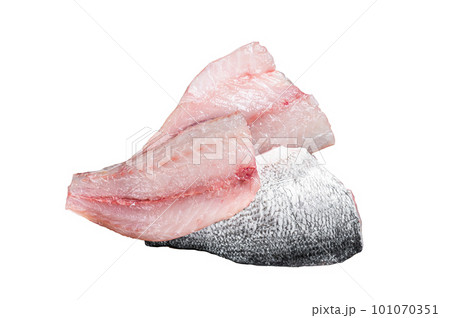 Raw Gilthead Sea bream fish fillets on a butcher cutting board. Isolated on white background. Raw Gilthead Sea bream fish fillets on a butcher cutting board. Isolated on white background. 101070351