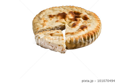 Meat pie Kubdari, Tasty Georgian Flat Bread Stuffed with meat. Isolated on white background. Meat pie Kubdari, Tasty Georgian Flat Bread Stuffed with meat. Isolated on white background. 101070494