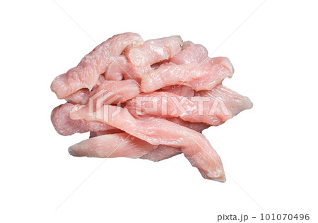 Slices of raw poultry meat on a butcher board with meat cleaver, chicken breast. Isolated on white background Slices of raw poultry meat on a butcher board with meat cleaver, chicken breast. Isolated on white background 101070496