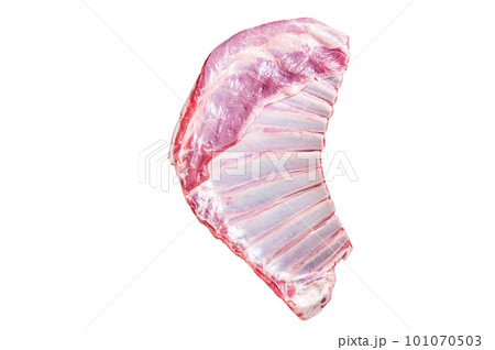 Rack of lamb, raw mutton ribs on kitchen table with spices. Isolated on white background. Rack of lamb, raw mutton ribs on kitchen table with spices. Isolated on white background. 101070503