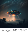 Ufo, mysterious object hover in the sky, their metallic surface reflecting the sunlight. Unidentified flying object 101070626
