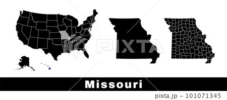 Missouri state map, USA. Set of Missouri maps with outline border, counties and US states map. Black and white color. 101071345