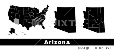 Map of Arizona state, USA. Set of Arizona maps with outline border, counties and US states map. Black and white color. 101071351
