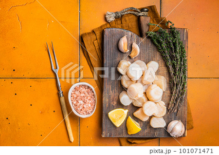 Uncooked Raw sea scallops fillets on a wooden board with thyme and lemon. Orange background. Top view 101071471