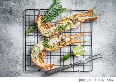 Barbecue grilled and sliced Spiny lobster or sea crayfish with herbs. White background. Top view 101071593