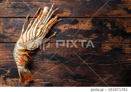 Fresh Spiny lobster on a wooden table, raw seafood. Wooden background. Top view. Copy space Fresh Spiny lobster on a wooden table, raw seafood. Wooden background. Top view. Copy space 101071761