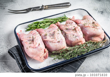 Raw quail meat with spices, garlic and herbs ready to cooking in baking dish. White background. Top view Raw quail meat with spices, garlic and herbs ready to cooking in baking dish. White background. Top view 101071810