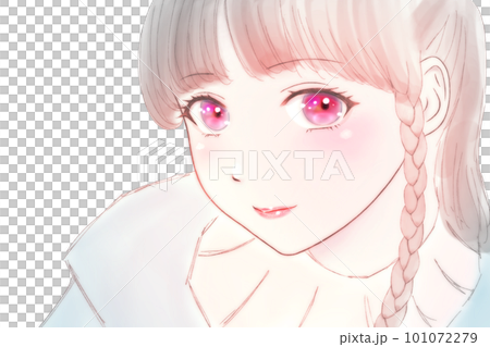 害羞微笑的女孩的彩色插圖眼睛上翹眼睛=粉紅色 101072279