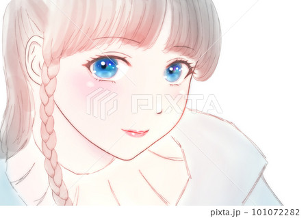 照れながら上目遣いで微笑む女の子のカラーイラスト 瞳=青 左右反転版 照れながら上目遣いで微笑む女の子のカラーイラスト 瞳=青 左右反転版 101072282