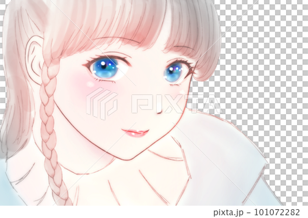 照れながら上目遣いで微笑む女の子のカラーイラスト 瞳=青 左右反転版 照れながら上目遣いで微笑む女の子のカラーイラスト 瞳=青 左右反転版 101072282
