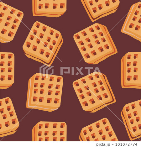 Seamless pattern of waffles with various fillings. Vector illustration of waffles, pastries for breakfast, sweet snacks 101072774