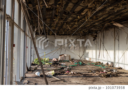 grocery store after fire. consequences of fire accident. grocery store after fire. consequences of fire accident. 101073938