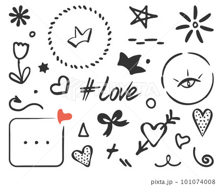 Doodles set, love concept. Hand drawn frame, heart, flower, sun, bow, border, arrow, stars. Scribbled isolated elements, black color. Cute scrapbooking web kit Doodles set, love concept. Hand drawn frame, heart, flower, sun, bow, border, arrow, stars. Scribbled isolated elements, black color. Cute scrapbooking web kit 101074008