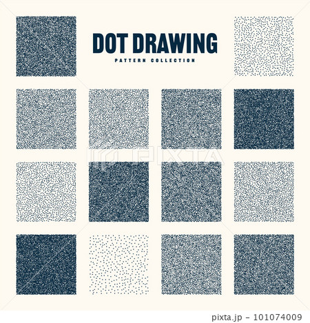 Square shaped dotted objects, vintage stipple elements. Stippling, dotwork drawing, shading using dots. Halftone effect. White noise grainy texture, pattern. Vector illustration Square shaped dotted objects, vintage stipple elements. Stippling, dotwork drawing, shading using dots. Halftone effect. White noise grainy texture, pattern. Vector illustration 101074009
