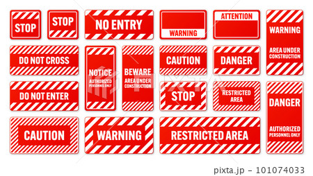 Various white and red warning signs with diagonal lines. Attention, danger or caution sign, construction site signage. Realistic notice signboard, warning banner, road shield. Vector illustration 101074033