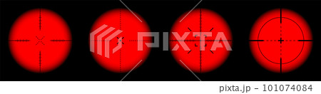 Various weapon thermal infrared sights, sniper rifle optical scopes. Hunting gun viewfinder with crosshair. Aim, shooting mark symbol. Military target sign. Game UI element. Vector illustration Various weapon thermal infrared sights, sniper rifle optical scopes. Hunting gun viewfinder with crosshair. Aim, shooting mark symbol. Military target sign. Game UI element. Vector illustration 101074084
