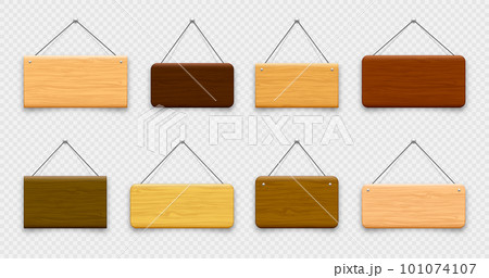 Wooden hanging signboards. Made of wood door sign for cafe, restaurant, bar or retail store. Announcement banner, information signage for business or service. Vector illustration 101074107