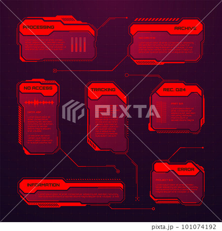 Red futuristic HUD or UI elements. Sci-fi user interface text boxes, callouts. Warning message frames, information boxes template. Modern game interface layout in digital style. Vector illustration Red futuristic HUD or UI elements. Sci-fi user interface text boxes, callouts. Warning message frames, information boxes template. Modern game interface layout in digital style. Vector illustration 101074192