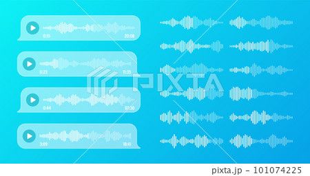 Voice, audio message, transparent speech bubbles. SMS text frame. Social media chat or messaging app conversation. Voice assistant, recorder. Sound wave pattern. Vector illustration Voice, audio message, transparent speech bubbles. SMS text frame. Social media chat or messaging app conversation. Voice assistant, recorder. Sound wave pattern. Vector illustration 101074225
