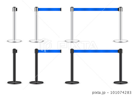 Realistic blue retractable belt stanchion. Crowd control barrier posts with caution strap. Queue lines. Restriction border and danger tape. Attention, warning sign. Vector illustration Realistic blue retractable belt stanchion. Crowd control barrier posts with caution strap. Queue lines. Restriction border and danger tape. Attention, warning sign. Vector illustration 101074283