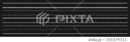 Various measurement scales with divisions. Realistic white scale for measuring length or height in centimeters, millimeters or inches. Ruler, tape measure marks, size indicators. Vector illustration 101074311