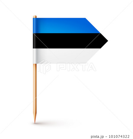 Realistic Estonian toothpick flag. Souvenir from Estonia. Wooden toothpick with paper flag. Location mark, map pointer. Blank mockup for advertising and promotions. Vector illustration 101074322