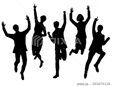 バンザイでジャンプするビジネスマン男性とビジネ女性5人のシルエット 全身正面のイラストセット バンザイでジャンプするビジネスマン男性とビジネ女性5人のシルエット 全身正面のイラストセット 101075129