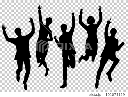 Silhouette of five business men and women jumping with a banzai, full body front illustration set Silhouette of five business men and women jumping with a banzai, full body front illustration set 101075129
