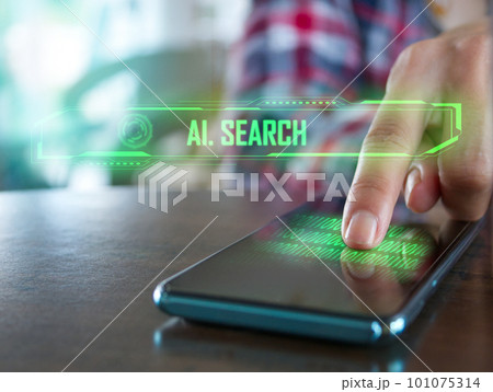 People touch the screen of mobile phones with their fingers and use intelligent search systems. 101075314