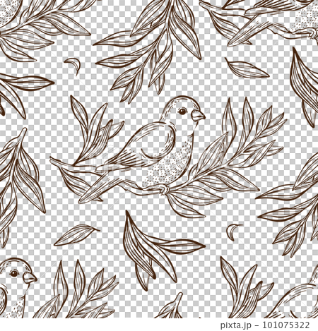 WARBLER ON BRANCH Monochrome Hand Drawn Sketch In Chinese And Japanese Styles Cartoon Sitting Songbird Seamless Pattern Vintage Coloring Vector Illustration WARBLER ON BRANCH Monochrome Hand Drawn Sketch In Chinese And Japanese Styles Cartoon Sitting Songbird Seamless Pattern Vintage Coloring Vector Illustration 101075322