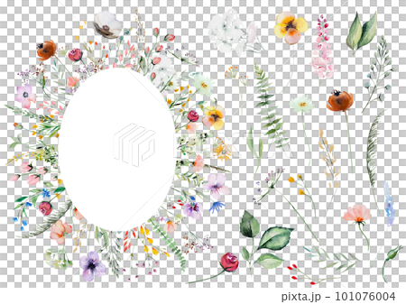 Frame made of watercolor wild flowers and leaves, summer wedding and greeting illustration Frame made of watercolor wild flowers and leaves, summer wedding and greeting illustration 101076004