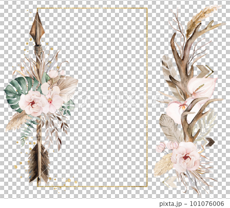 Golden frame and arrangement made with Watercolor arrow, tropical leaves and flowers illustration Golden frame and arrangement made with Watercolor arrow, tropical leaves and flowers illustration 101076006