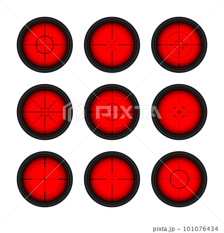 Various weapon thermal infrared sights, sniper rifle optical scopes. Hunting gun viewfinder with crosshair. Aim, shooting mark symbol. Military target sign. Game UI element. Vector illustration Various weapon thermal infrared sights, sniper rifle optical scopes. Hunting gun viewfinder with crosshair. Aim, shooting mark symbol. Military target sign. Game UI element. Vector illustration 101076434