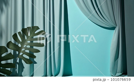 Curtain and monstera leaf on blue background. Generative AI Curtain and monstera leaf on blue background. Generative AI 101076659