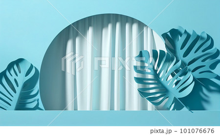 Tropical leaves on blue background. Minimal scene. Generative AI 101076676