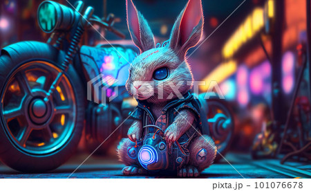 Cyberpunk Rabbit with motorcycle in the City background. Generative AI 101076678