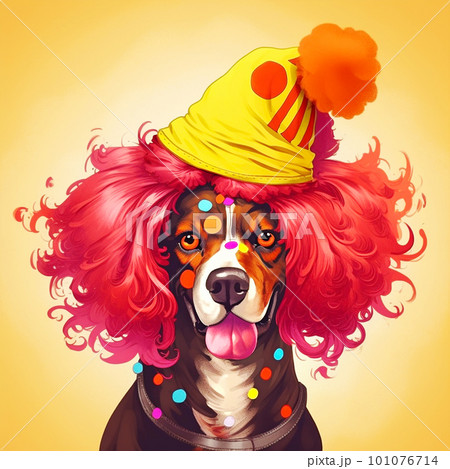 Illustration of a dog wearing a clown hat and a wig. Generative AI Illustration of a dog wearing a clown hat and a wig. Generative AI 101076714