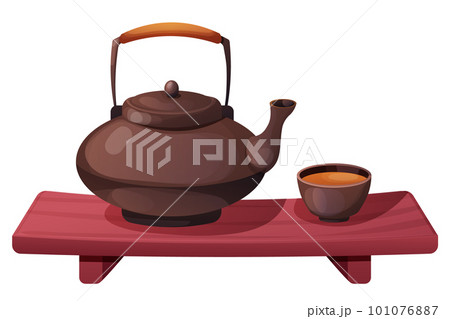 Traditional Japanese kettle or teapot with cups on wooden table, tea ceremony in cartoon style isolated on white background Traditional Japanese kettle or teapot with cups on wooden table, tea ceremony in cartoon style isolated on white background 101076887